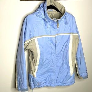 Alpine Design Winter Jacket with Hood Sz Small Blue Tan cream multi pocket